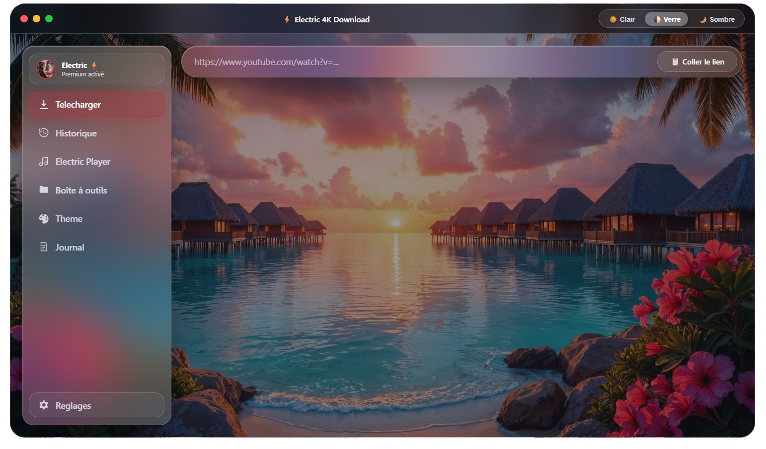 Écran Téléchargement d'Electric 4K Download, Effet Verre activé, fond coucher de soleil