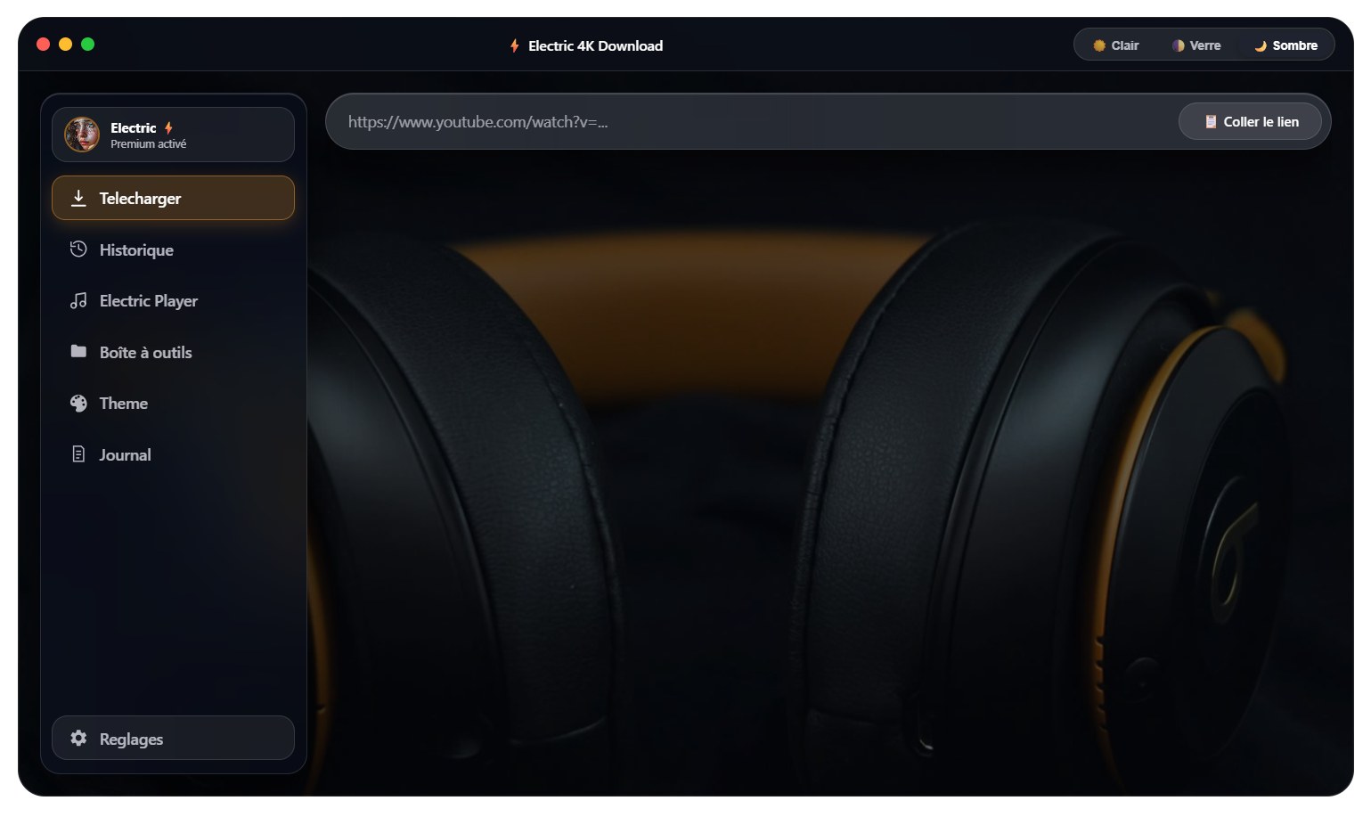 Écran Téléchargement d'Electric 4K Download, Effet Verre activé, gros plan casque audio