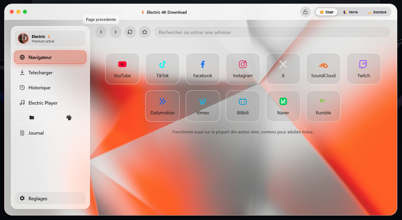 Page d'accueil du Navigateur intégré d'Electric 4K Download