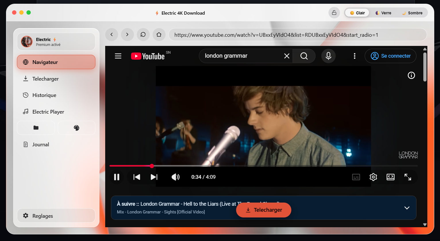 Bouton Télécharger apparaissant sur une page YouTube dans le Navigateur intégré